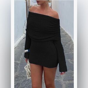 Women's Off Shoulder Mini Short Dress Bodycon Long Sleeve Crochet Sweater Dress